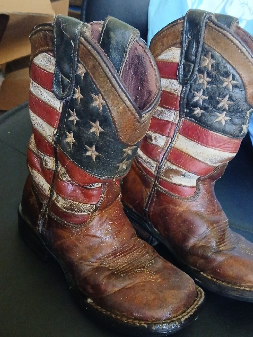 Roper Kids Brown Leather Cowboy Boots with Red, White & Blue Flag Design Sz 10